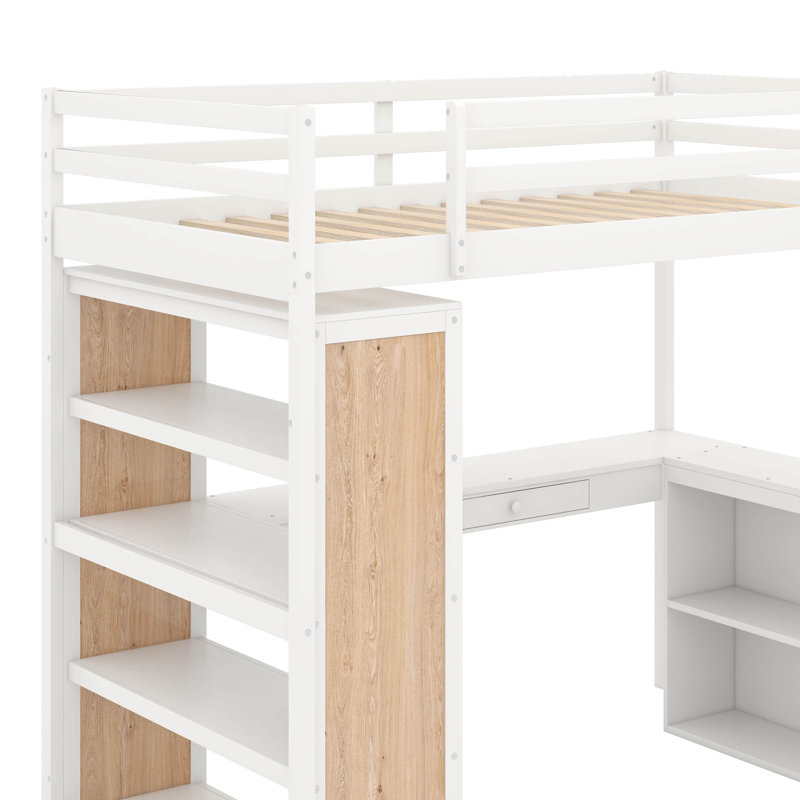 Lit mezzanine simple avec tablettes et bureau, Blanc