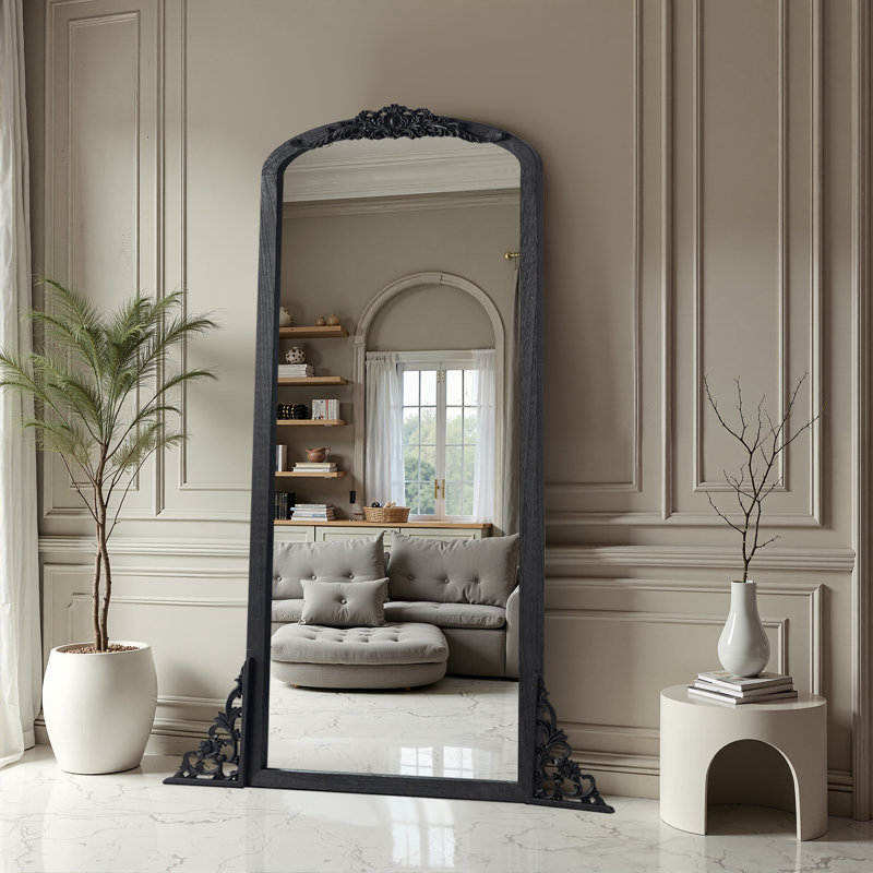 Miroir rétro avec cadre sculpté, 67 po x 28 po, Noir, noir, noir, noir
