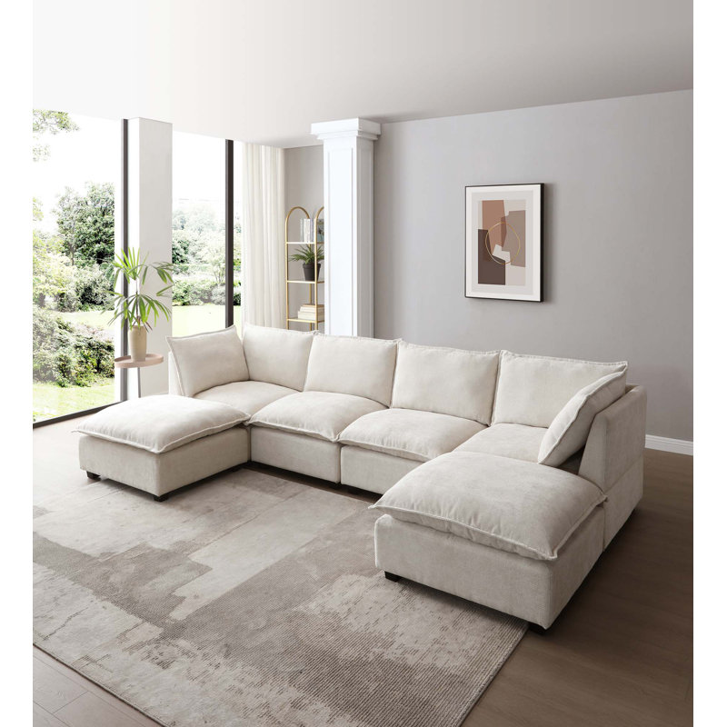 Canapé modulaire modulaire, ensemble de canapé en tissu de lin avec repose-pieds convertible, canapé en forme de U, canapé confortable et librement combinable