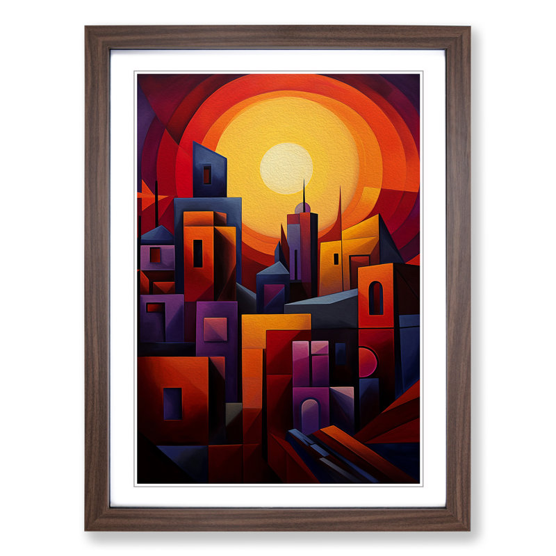 Sunset Cubism - Single Picture Frame Print on Wood, 64cm H x 46cm W x 2cm D, Walnut
