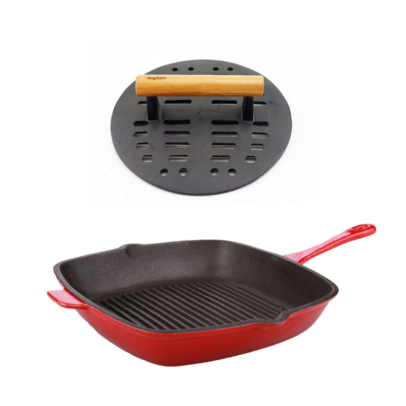 Ensemble en fonte 2 pièces Streetman: poêle à griller 11 po avec presse à steak fendu, rouge