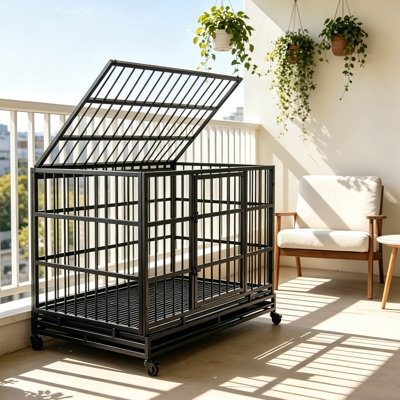 Cage robuste pour chien de 47,2 po, chenil en métal indestructible avec portes doubles et roues verrouillables, grande cage à l'épreuve des mâchoires avec plateau amovible pour l'intérieur et l'extérieur