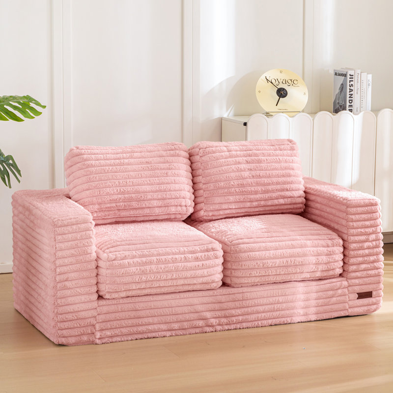 Bean Bag Sofa Upholstered 2-seater Floor Sofa With Pillows, Pink Faux Leather