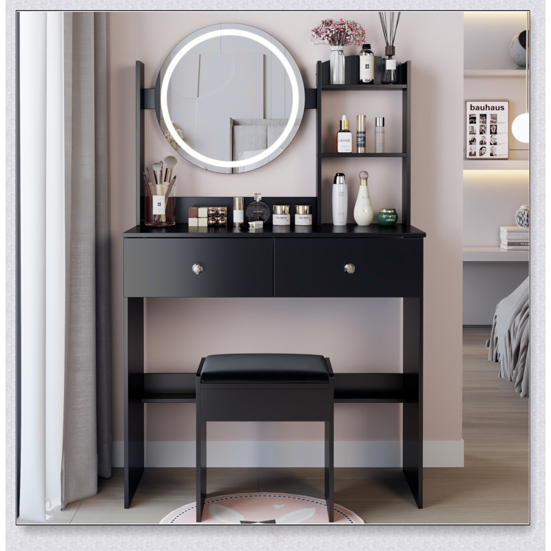 Ensemble de coiffeuse à miroir rond 17 pouces à DEL avec tabouret à coussin souple, luminosité réglable et rangement multicouche pour les petits espaces