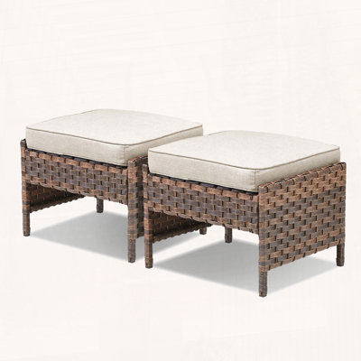 Outdoor PE Wicker Ottoman Set of 2 with Plush Cushions