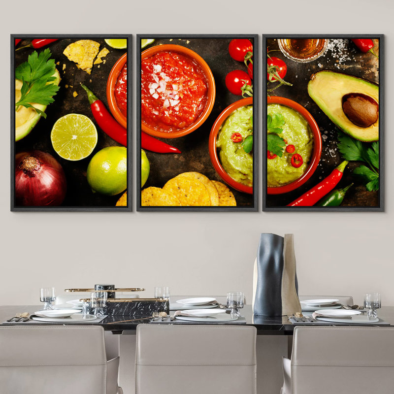 Mexican Food: Tortilla Chips, Guacamole, Salsa, Tequila Shots Wall Decor, 24" H x 48" W, Black Floater Framed
