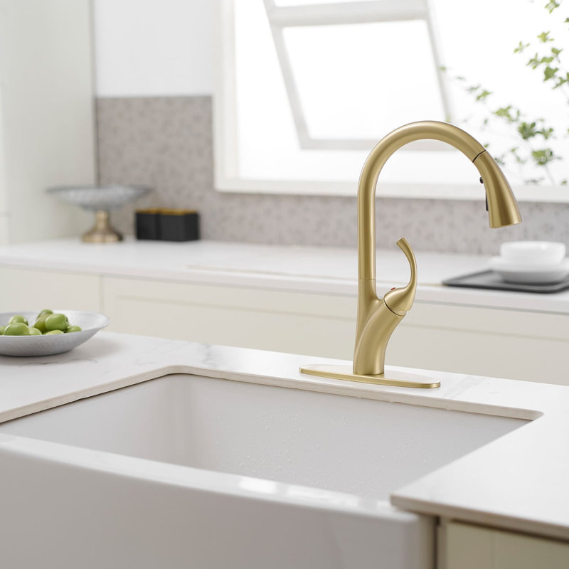 Robinet de cuisine à un trou avec douchette et robinets de lavabo à poignée simple, Or brossé