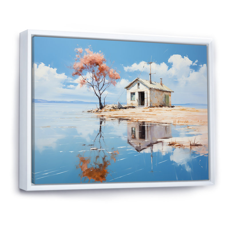 «Minimalisme Lakefront Cottage Oasis 1», art mural sur toile, Cadre flottant blanc, H 44 po x l 34 po x P 1,5 po