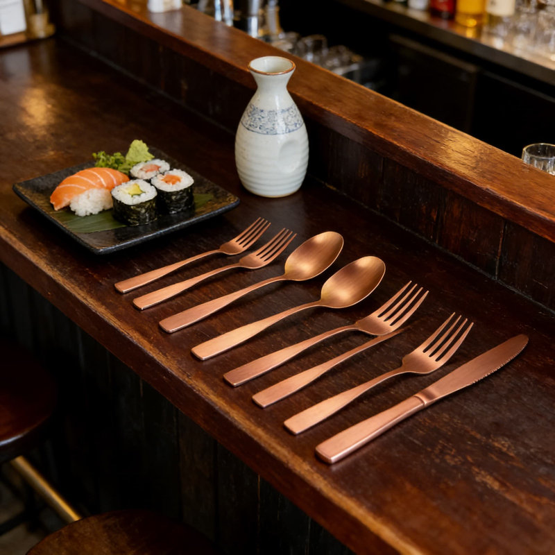 Ensemble de couverts moderne en acier inoxydable mat pour 6 avec finition or rose, poignée carrée, coutellerie durable pour la maison et le restaurant