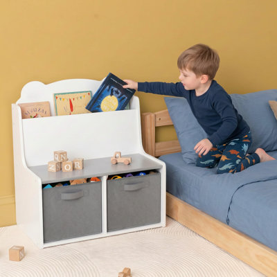 Banc de rangement pour enfants avec support à livres, banc de rangement en bois pour jouets avec 2 bacs en tissu amovibles, banc de lecture pour tout-petits pour salle de jeux, chambre à coucher, chambre de bébé