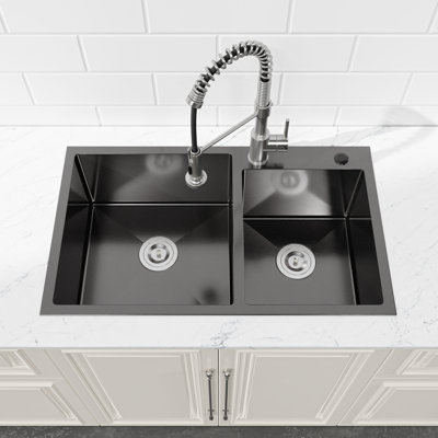 32" x 19" Double Bowl Stainless Steel Kitchen Sink, Modern Top Mount Drop-In Sink with Drains, Drain Strainers