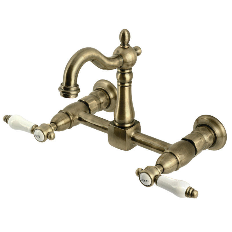 Kingston Brass Bel-Air Double-Handle 2-Hole Wall-Mount Bridge Kitchen Faucet, Antique Brass