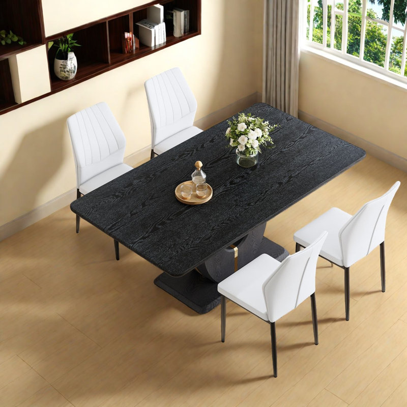 Ensemble de table de salle à manger moderne en bois noir avec chaises en polyuréthane blanc, 63 po pour la maison