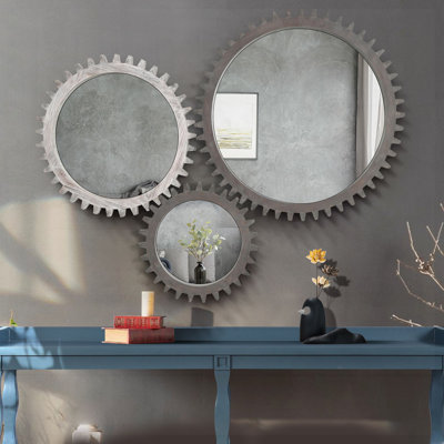 Wall Wood Round Hanging Gear Shape Heavy Decorative Mirror