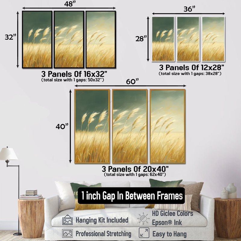 Vert doré blé - ensemble d'art mural ferme, H 28 po x l 36 po x P 1 po, Toile avec cadre flottant noir