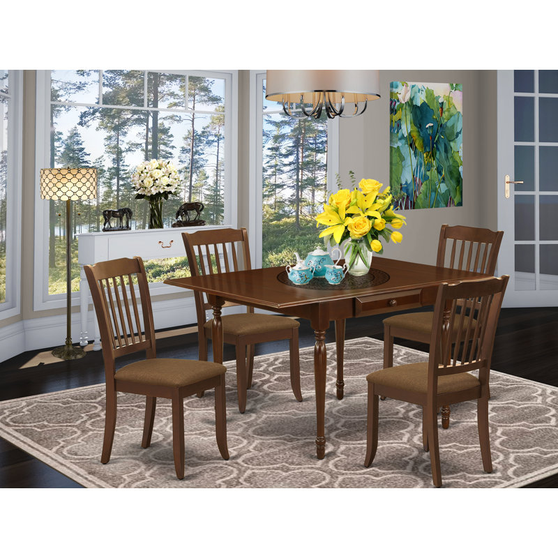 5 Piece Kitchen Table Set for 4 Includes a Rectangle Dining Table with Dropleaf and 4 Linen Fabric Dining Room Chairs, Mahogany