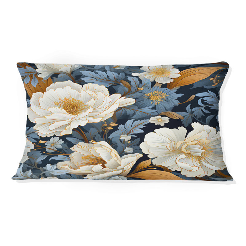 Coussin décoratif à imprimé floral bleu et beige Renoncule
