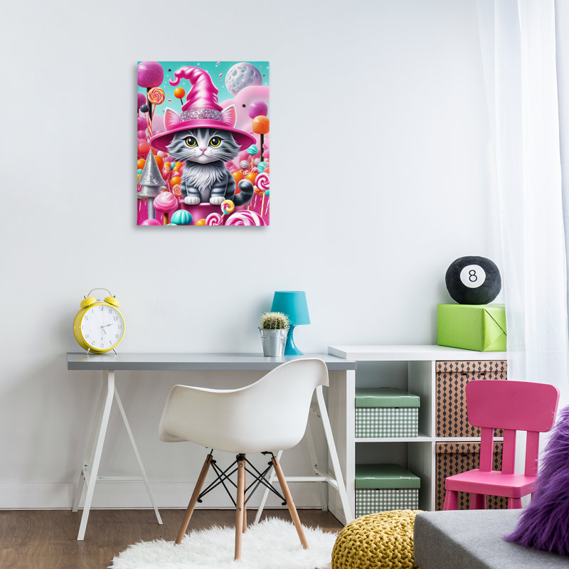 Chaton parmi des bonbons roses, toile de Tabz Jones, H 30 po x l 24 po