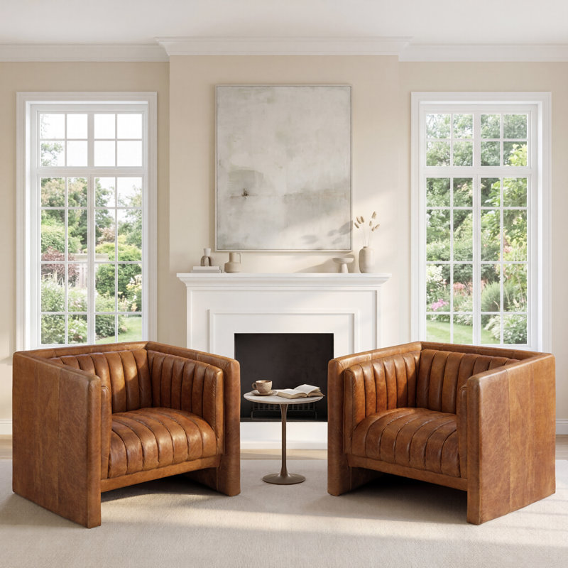 Broderic 38" W Full-Grain Leather Upholstered Square Channel Tufted Barrel Accent Armchair, Single Sofa (Set of 2), Camel