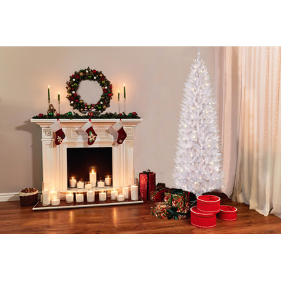 Sapin de Noël élancé blanc en PVC et PE avec 350 lumières incandescentes fixes / constantes