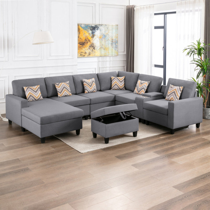 Canapé modulaire réversible 8 pièces en tissu lin avec pattes interchangeables Modern, H 33,05 po x l 124,05 po x P 106,05 po