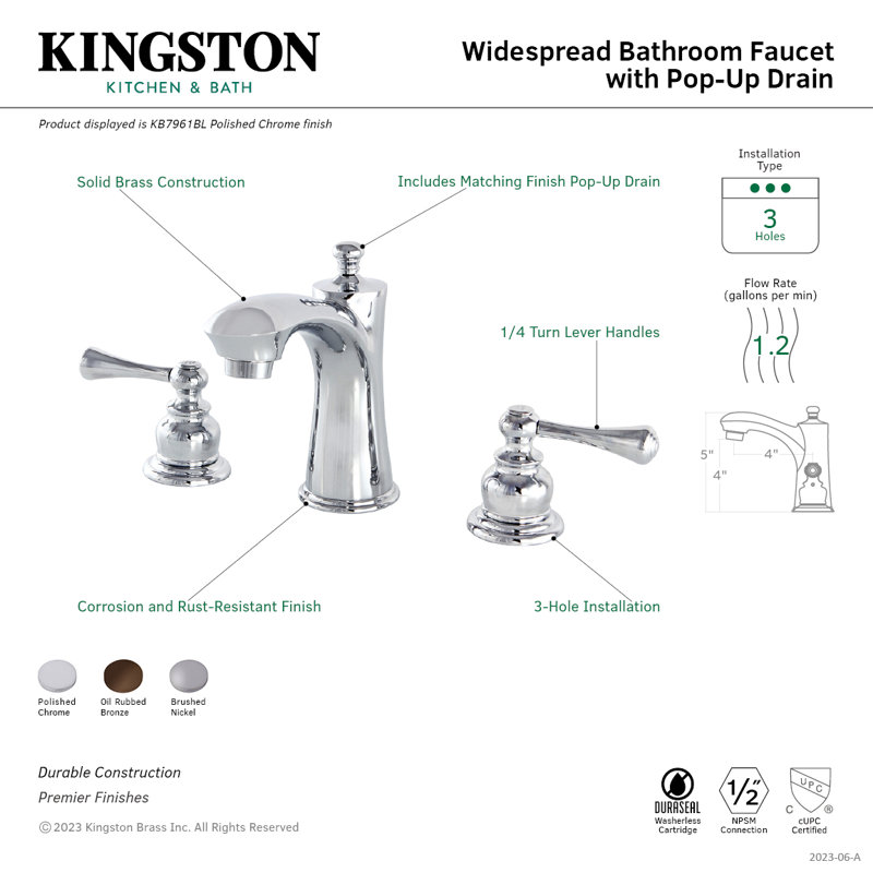 Kingston Brass Vintage Two-Handle 3-Hole Deck Mount Widespread Bathroom Faucet with Retail Pop-Up Drain, Oil Rubbed Bronze