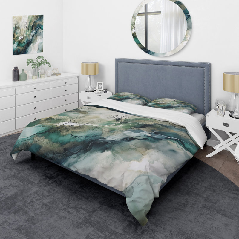 Ensemble de housse de couette en microfibre / polyester vert / bleu marbré Dreamscape I