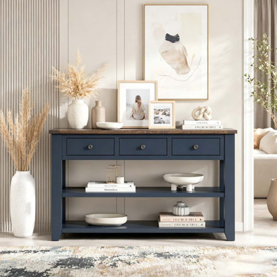 Console en bois de pin massif 48 po, table d'appoint moderne avec 3 tiroirs de rangement et 2 tablettes