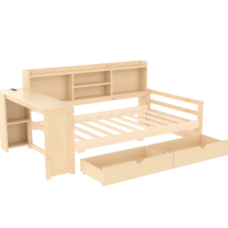 Lit de jour d'angle en bois naturel avec bureau, tablettes réglables et rangement pour bibliothèque simple