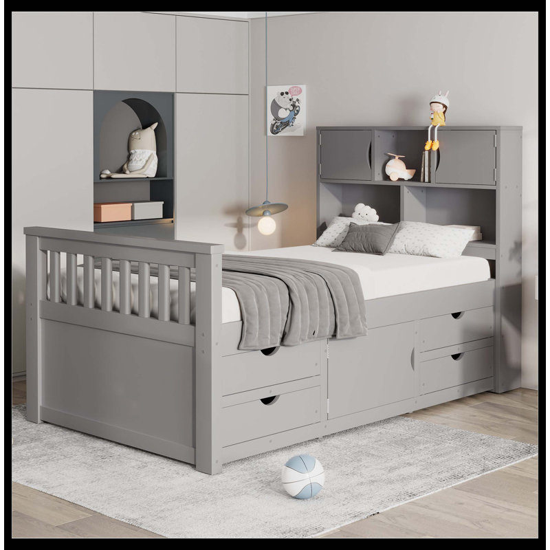 Twin Size Captain Platform Bed Frame With Storage Bookcases And Shelves,Four Drawers,Grey