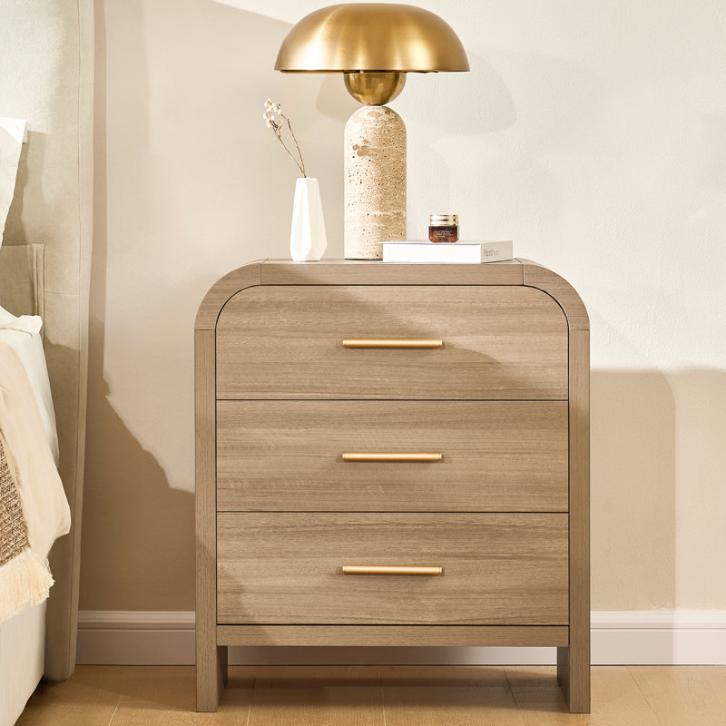 3-Drawer Nightstand with Large Rounded Corner Set of 2, Light Burlwood