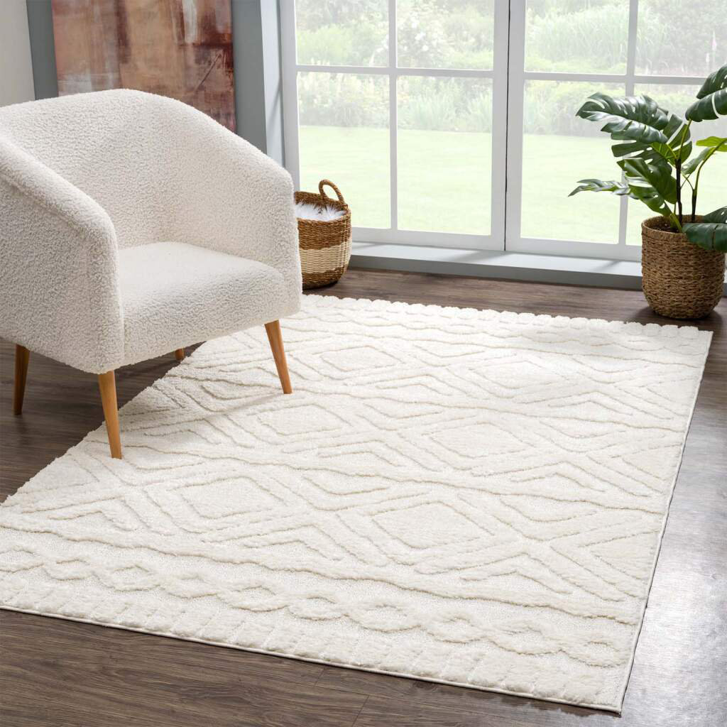 Teppich Focus 3382 Hochflor Boho Wohnzimmer Creme, Weiß Hochtief-Muster/ 3D-Effekt Rautenmuster Andreoni