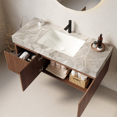 Comptoir en pierre frittée gris clair 48 po MURI et lavabo encastré en céramique avec un trou de robinet pré-percé standard, sans armoire, sans robinet ni couvercle d'évier