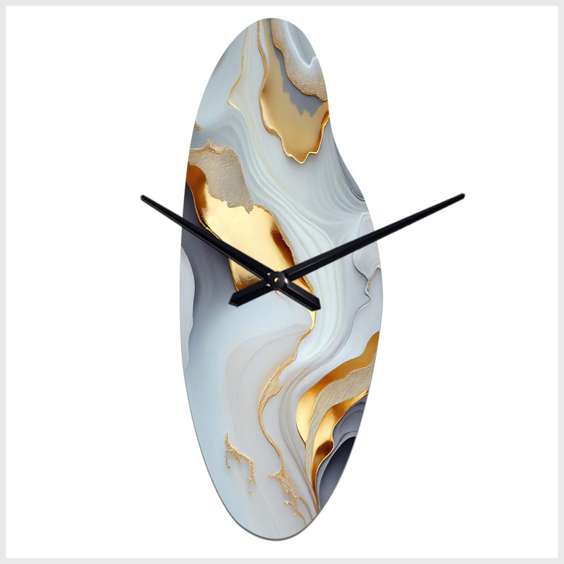 Marbre blanc et or abstrait IV - horloges asymétriques en métal en marbre, horloge murale en forme unique blanche, Médium