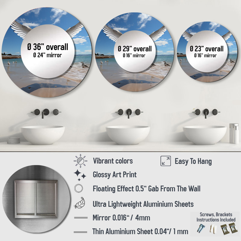 Sarvesh Blue Seagulls In Flight At Beach - Seagull Mirror, Modern Round Decorative Wall Mirror, Printed Metal Art, 23" x 23"
