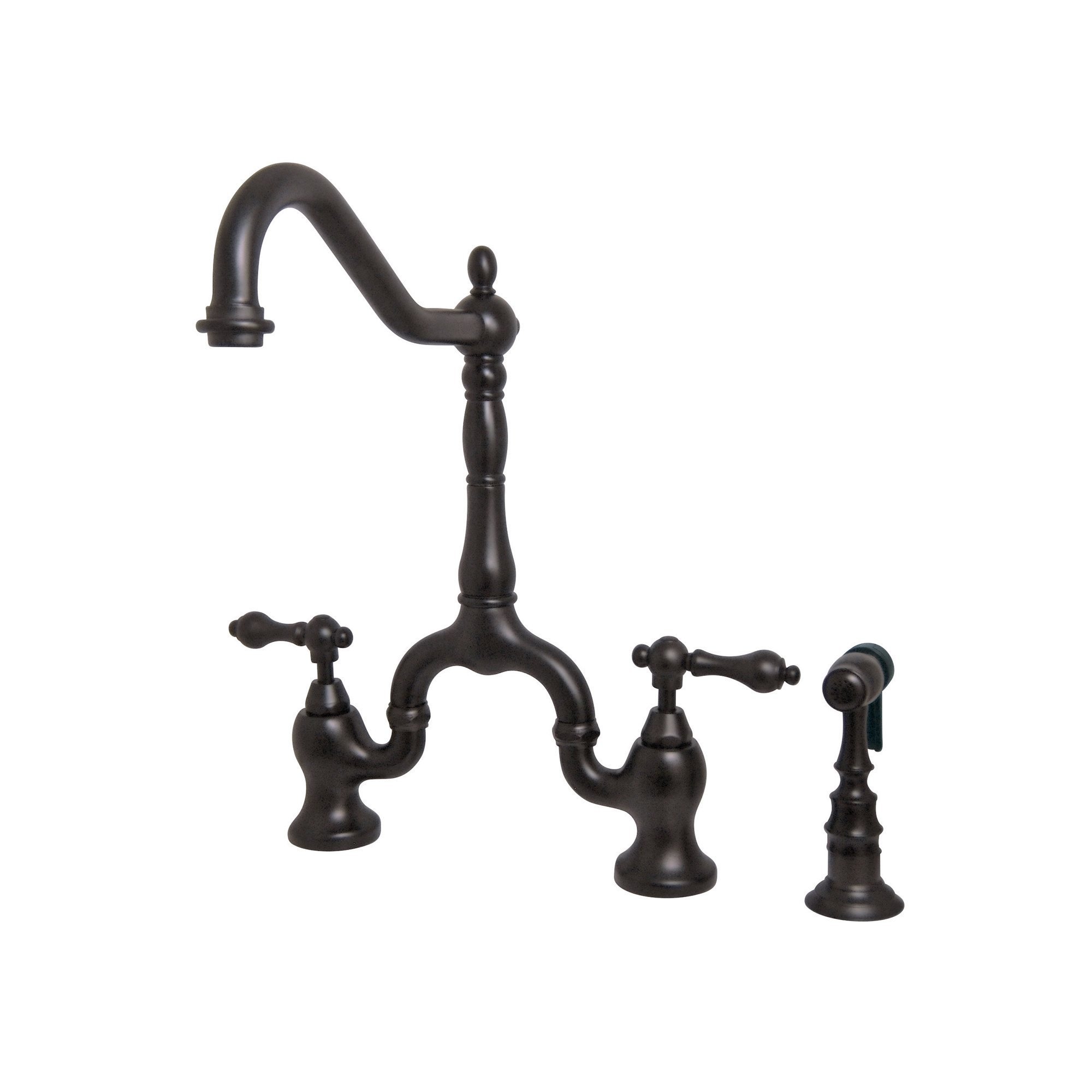Kingston Brass English Country Two-Handle 3-Hole Deck Mount Bridge Kitchen Faucet with Brass Side Sprayer, Oil Rubbed Bronze
