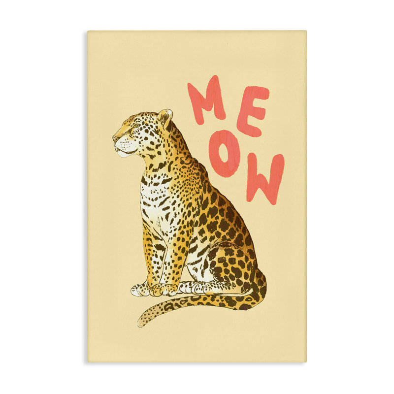 Léopard Meow sur toile jaune, design par Florentina Dolci, H 24 po x l 16 po