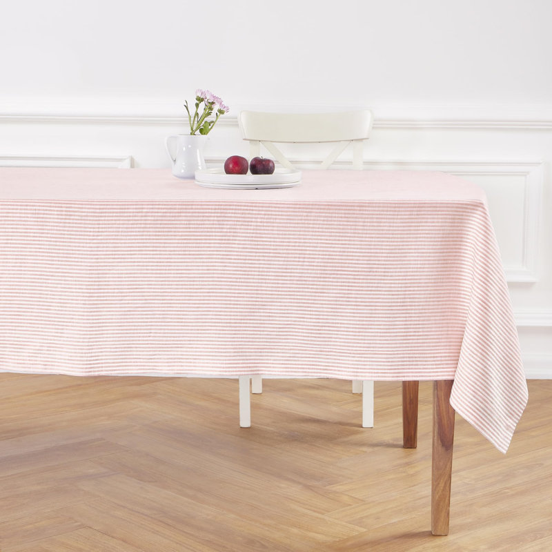 100% Pure Linen Tablecloth, 108" L x 60" W, Peach/White, Narrow Stripe