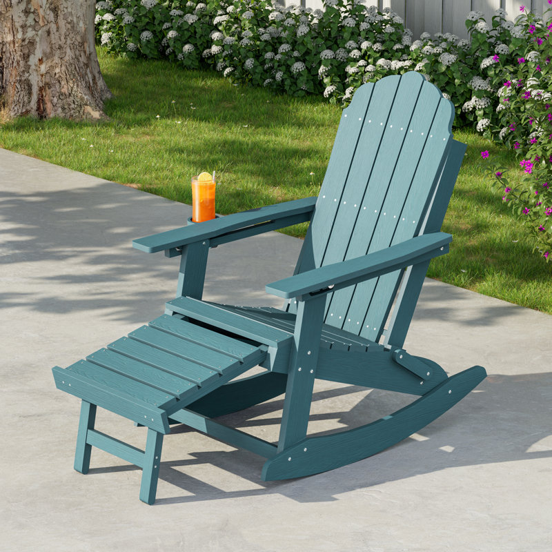 All-Weather HDPE Folding Adirondack Rocking Chair with Retractable Ottoman, 3-Position Adjustable Outdoor Rocking Chair for Patio, Gargen, Deck