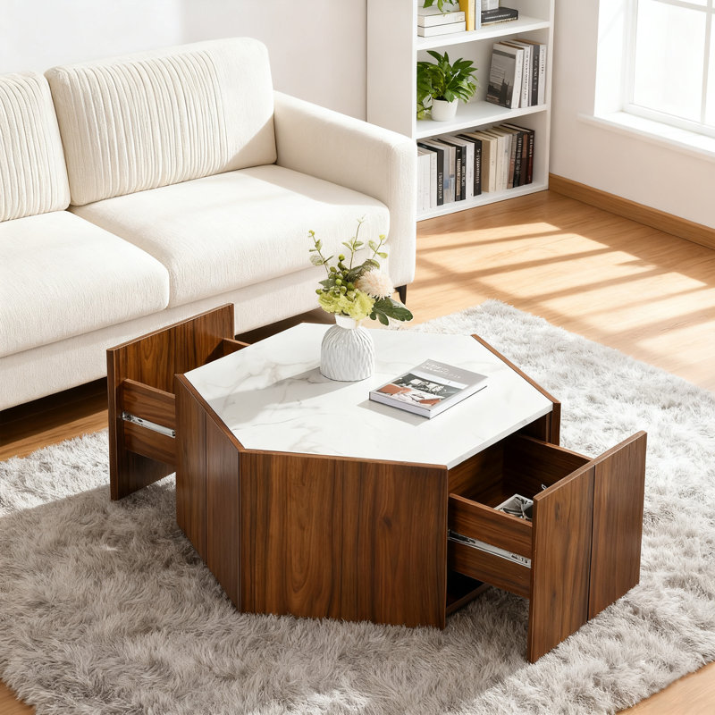 Coffee Table with 2 Hidden Drawers, White Top/Walnut Base