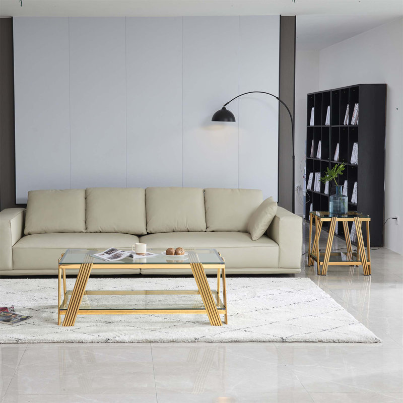 Ensemble de 2 tables basses Modern en acier inoxydable, verre trempé transparent double couche, pour le salon et le bureau