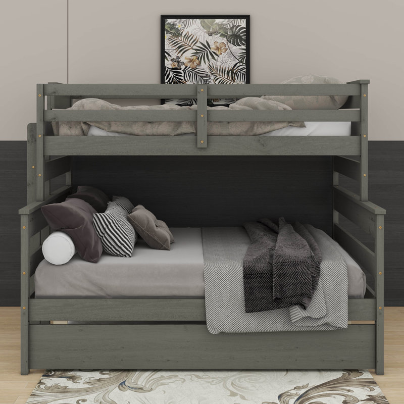 Wood Twin Over Full Bunk Bed With Twin Size Trundle, Gray