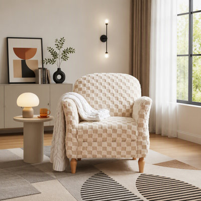 Chaise d'appoint à carreaux en velours côtelé, fauteuil rembourré avec tissu en damier moelleux, pieds en bois massif, chaise d'appoint moderne pour le salon