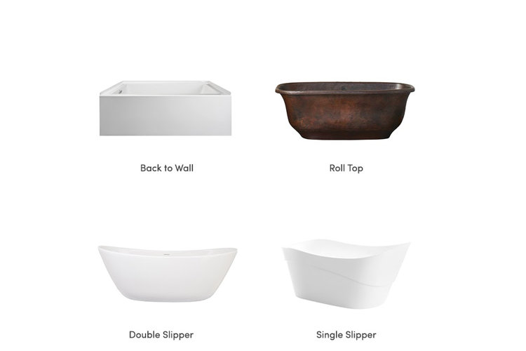 A collage of different bathtub designs: a back-to-wall tub, a roll-top tub, a double-slipper tub, and a single-slipper tub.