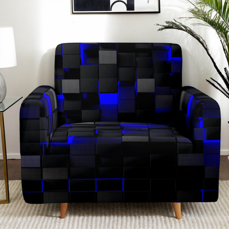 Housse pour canapé extensible 3D Modern Black / Blue, H 40 po x l 91 po x P 39 po, Carreauté bleu