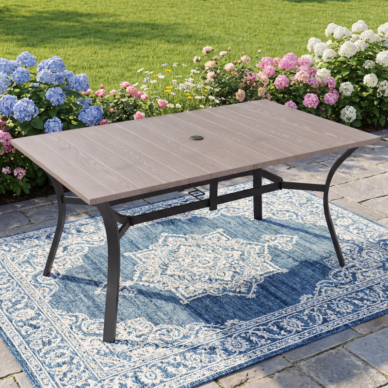 Table de salle à manger d'extérieur pour 6, table rectangulaire en fer forgé de 66,29 po de long avec trou pour parasol, brun