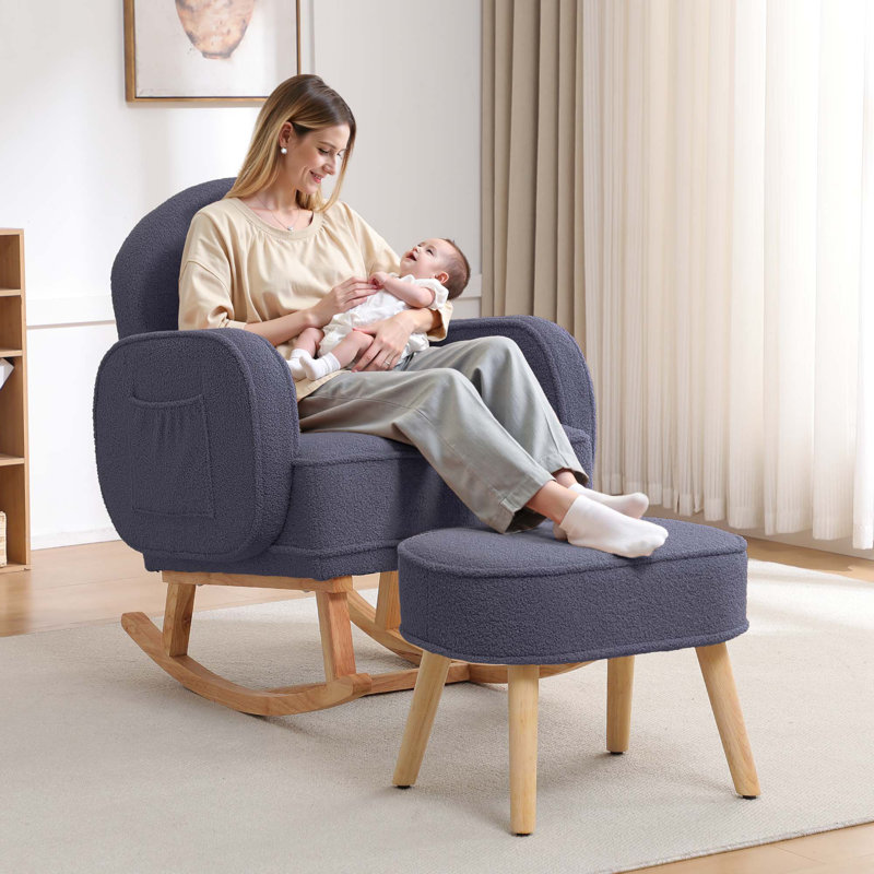 Chaise berçante rembourrée avec repose-pieds Teddy, Gris foncé