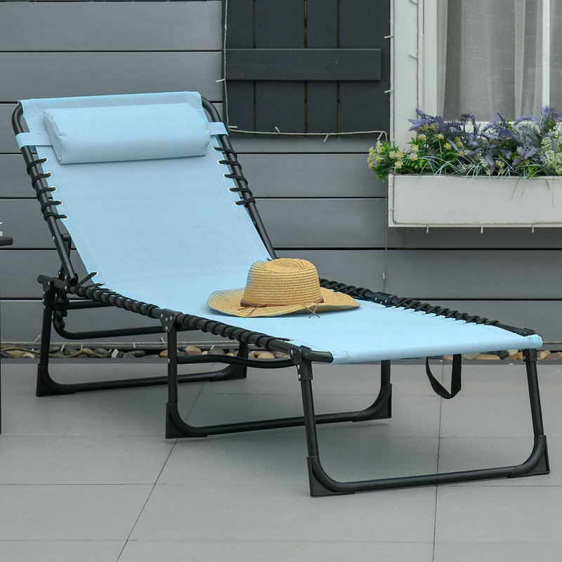 Outsunny Folding Chaise Lounge Pool Chair, Patio Sun Tanning Chair, Outdoor Lounge Chair W/ 4-Position Reclining Back, Pillow, Breathable Mesh & Bungee Seat For Beach, Yard, Patio, Baby Blue