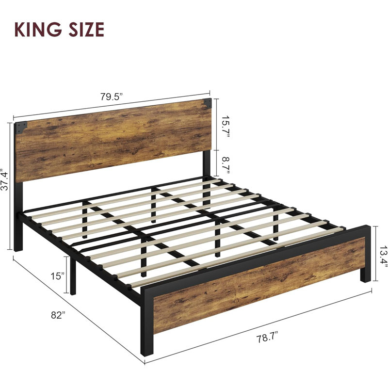 King Platform Bed Frame with Rustic Wood Headboard & Under-Bed Storage - Noise Free, No Box Spring Needed