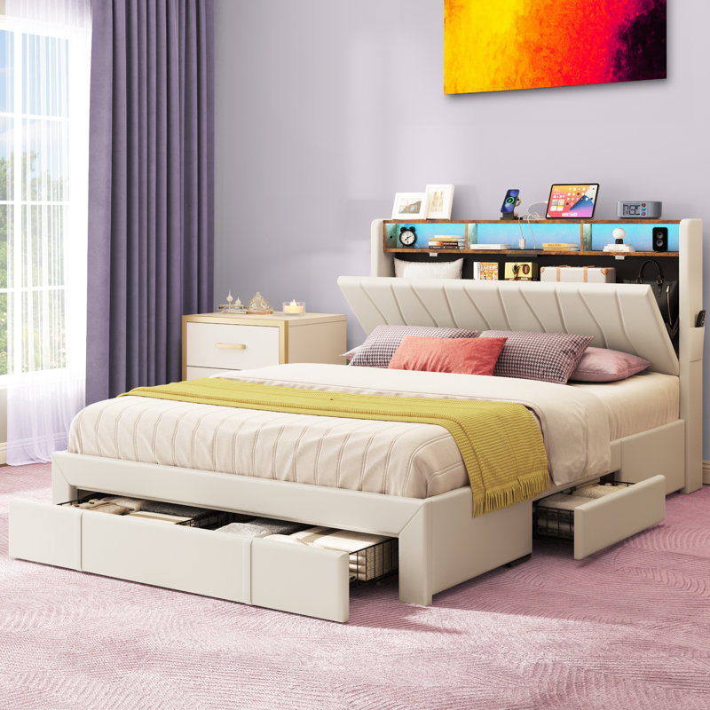 Chantise Upholstered Storage Bed with LED Lights and Built In USB Port, Queen, Beige